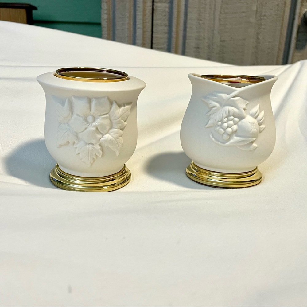 BALDWIN Bisque Porcelain Votive Candle Holders - Ivory Floral Relief - Delicate